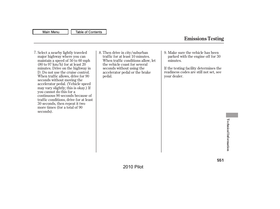 Emissions testing | HONDA 2010 Pilot User Manual | Page 555 / 575