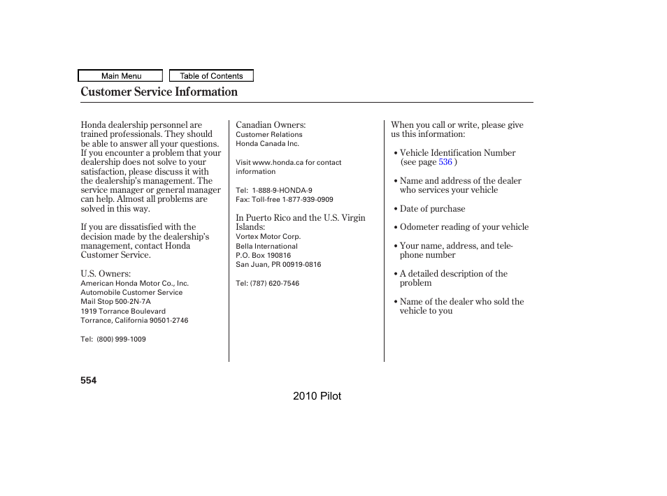 Customer service information | HONDA 2010 Pilot User Manual | Page 558 / 575