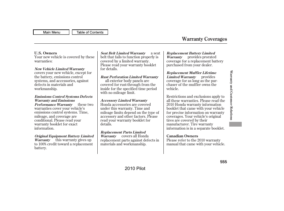 Warranty coverages, 2010 pilot | HONDA 2010 Pilot User Manual | Page 559 / 575