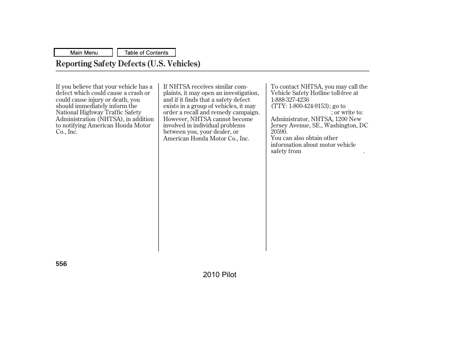 Reporting safety defects (u.s. vehicles) | HONDA 2010 Pilot User Manual | Page 560 / 575