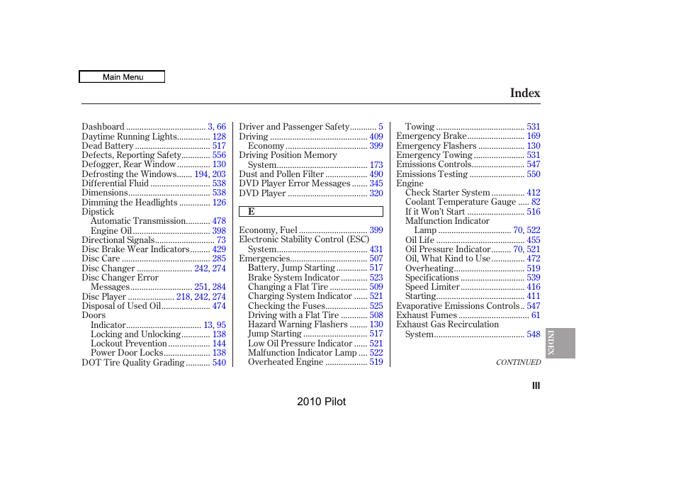 Index | HONDA 2010 Pilot User Manual | Page 565 / 575