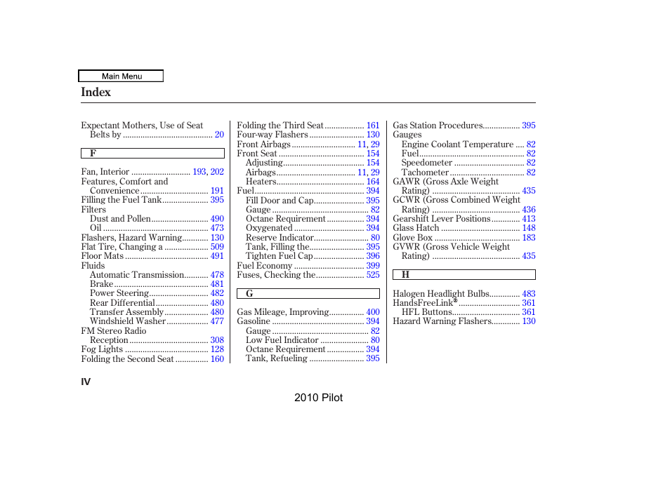 Index | HONDA 2010 Pilot User Manual | Page 566 / 575