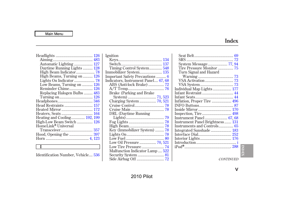 Index | HONDA 2010 Pilot User Manual | Page 567 / 575