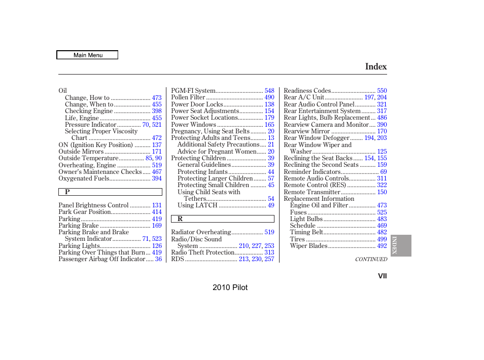 Index | HONDA 2010 Pilot User Manual | Page 569 / 575