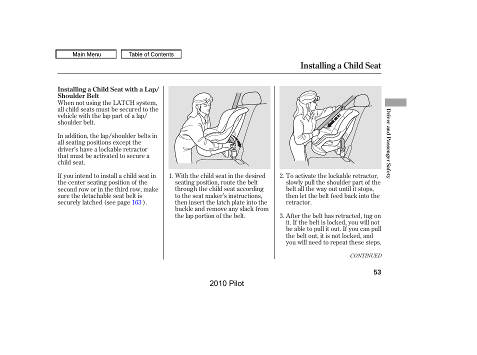 Installing a child seat | HONDA 2010 Pilot User Manual | Page 57 / 575