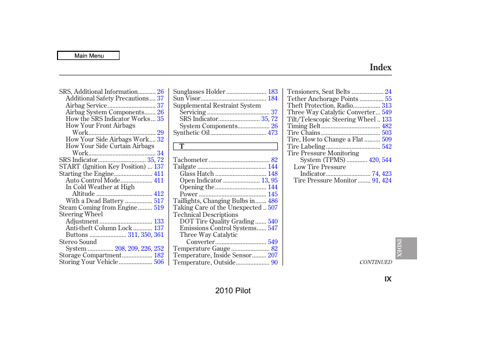 Index | HONDA 2010 Pilot User Manual | Page 571 / 575