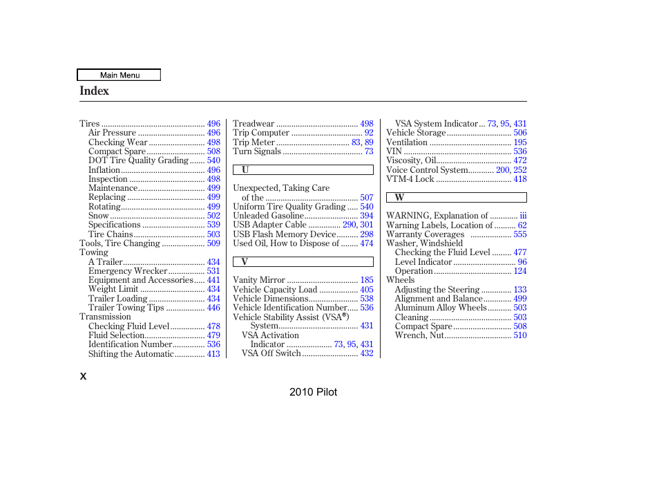 Index | HONDA 2010 Pilot User Manual | Page 572 / 575