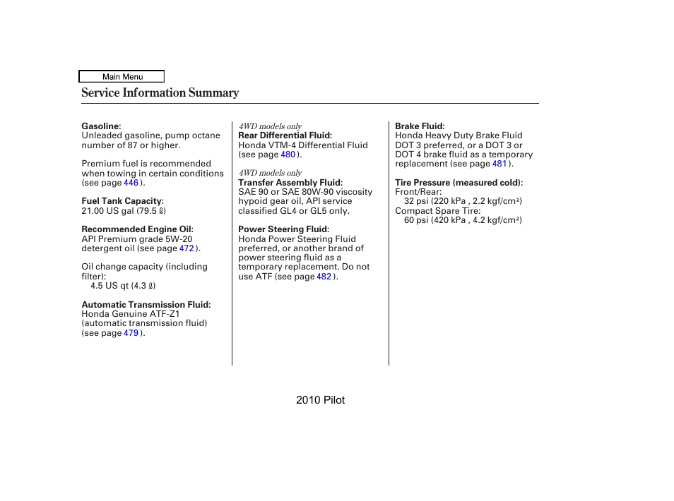 Service inf ormation summary, Service information summary | HONDA 2010 Pilot User Manual | Page 574 / 575