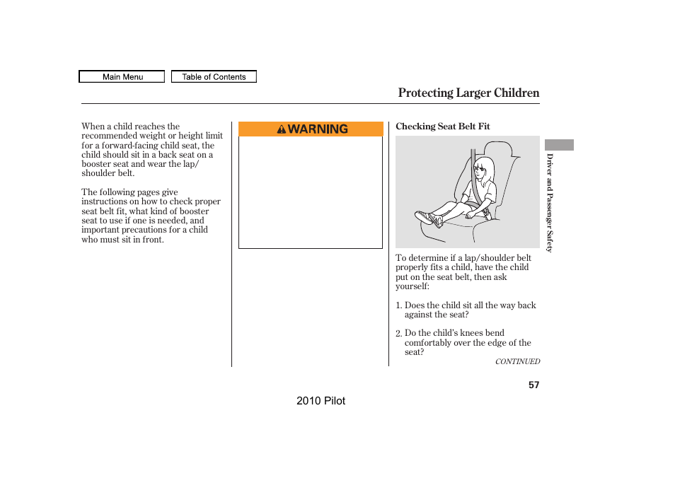 Protecting larger children | HONDA 2010 Pilot User Manual | Page 61 / 575