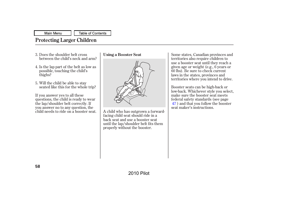 Protecting larger children | HONDA 2010 Pilot User Manual | Page 62 / 575