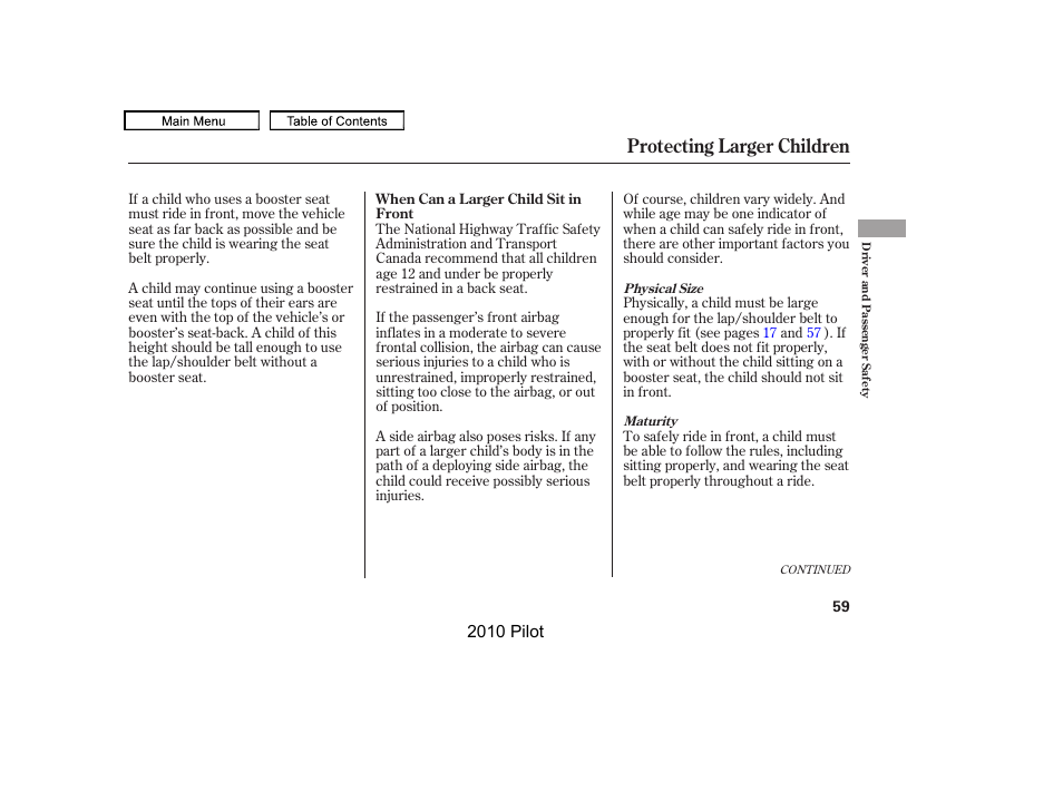 Protecting larger children | HONDA 2010 Pilot User Manual | Page 63 / 575