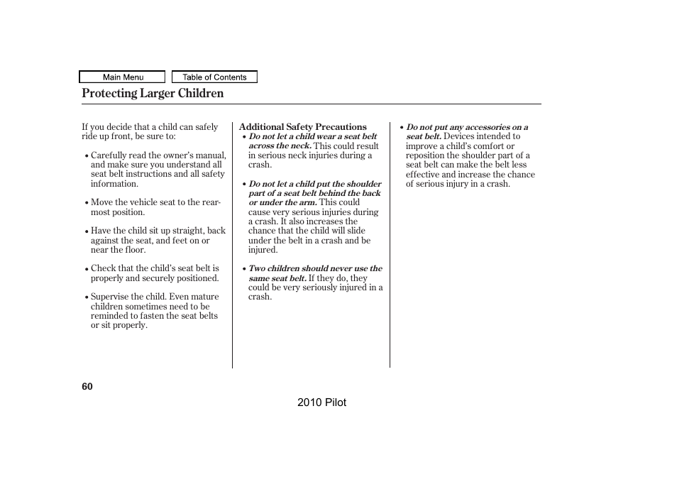 Protecting larger children | HONDA 2010 Pilot User Manual | Page 64 / 575