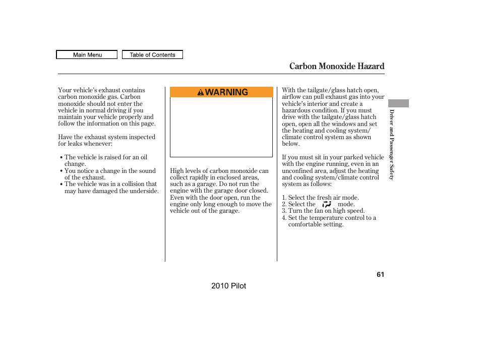 Carbon monoxide hazard | HONDA 2010 Pilot User Manual | Page 65 / 575