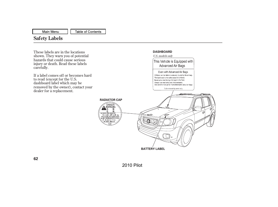 Safety labels | HONDA 2010 Pilot User Manual | Page 66 / 575