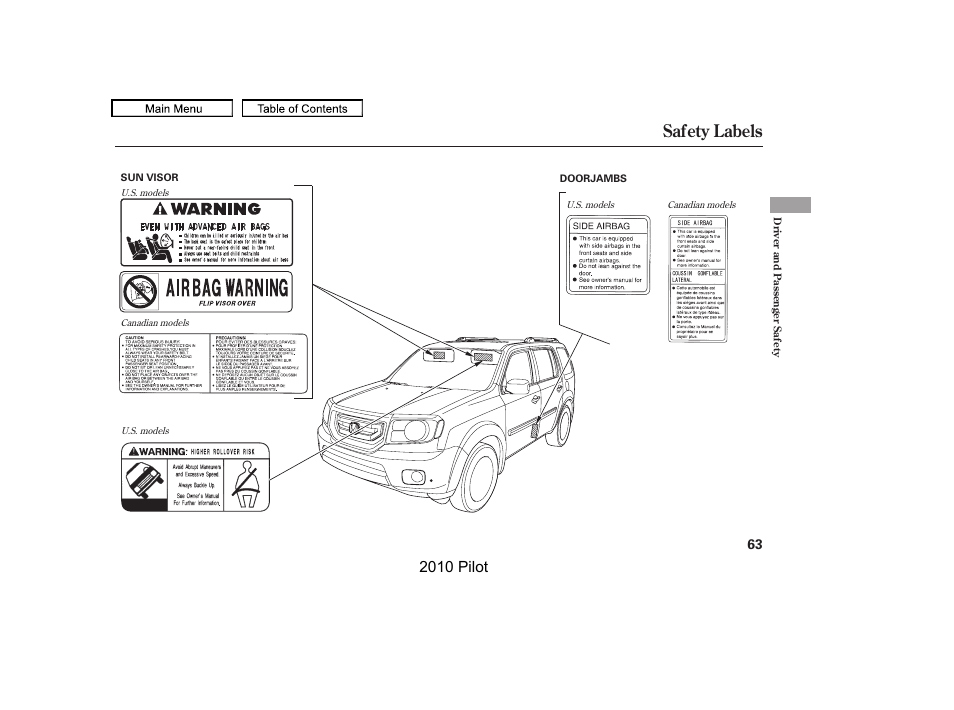 Safety labels, 2010 pilot | HONDA 2010 Pilot User Manual | Page 67 / 575