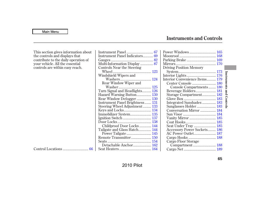 Instruments and controls | HONDA 2010 Pilot User Manual | Page 69 / 575