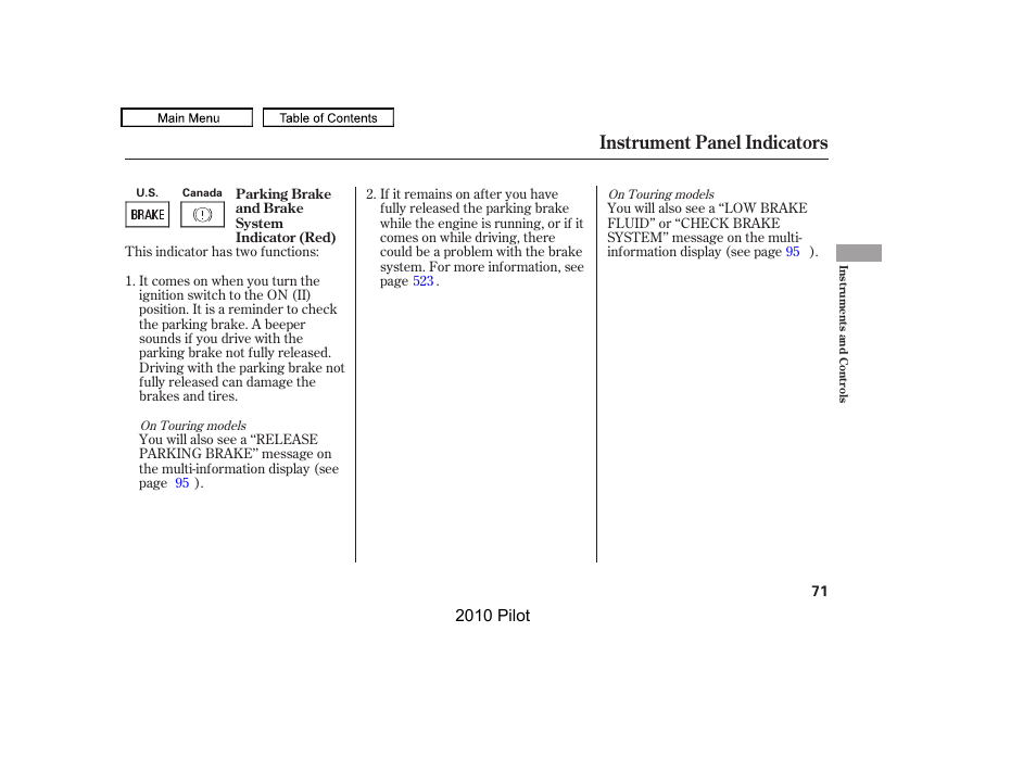 Instrument panel indicators, 2010 pilot | HONDA 2010 Pilot User Manual | Page 75 / 575