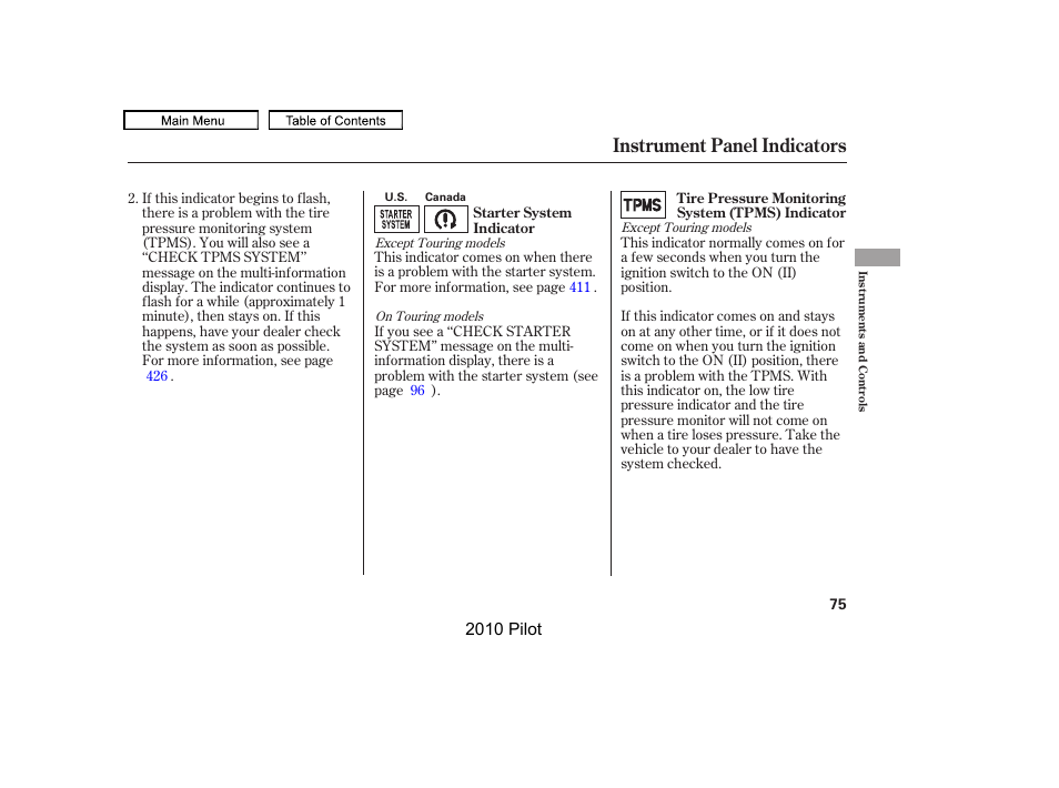 Instrument panel indicators, 2010 pilot | HONDA 2010 Pilot User Manual | Page 79 / 575