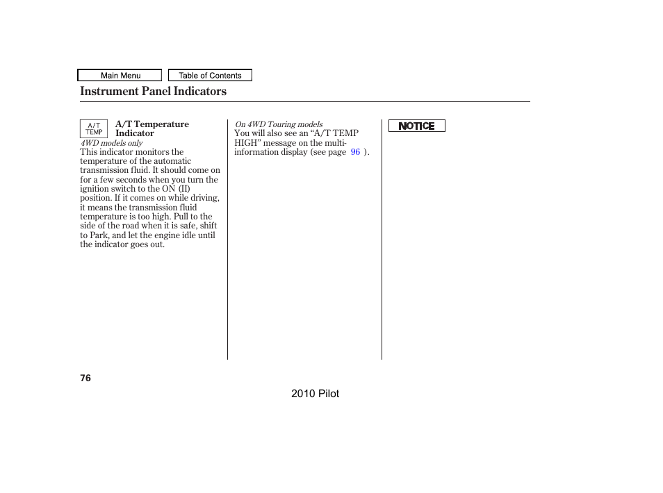 Instrument panel indicators | HONDA 2010 Pilot User Manual | Page 80 / 575