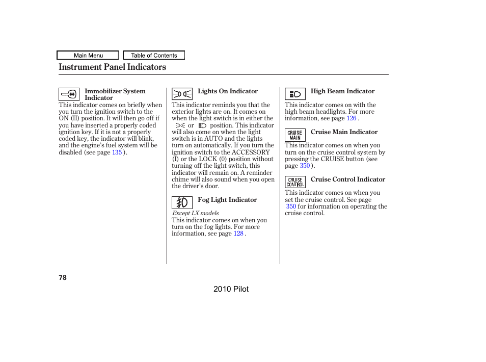 Instrument panel indicators | HONDA 2010 Pilot User Manual | Page 82 / 575