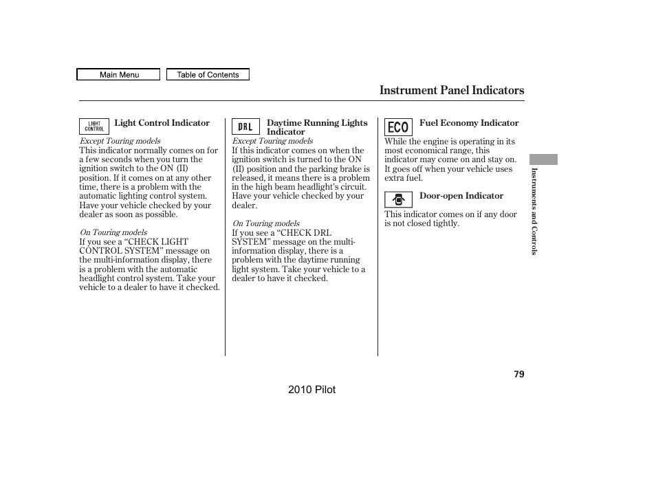 Instrument panel indicators, 2010 pilot | HONDA 2010 Pilot User Manual | Page 83 / 575