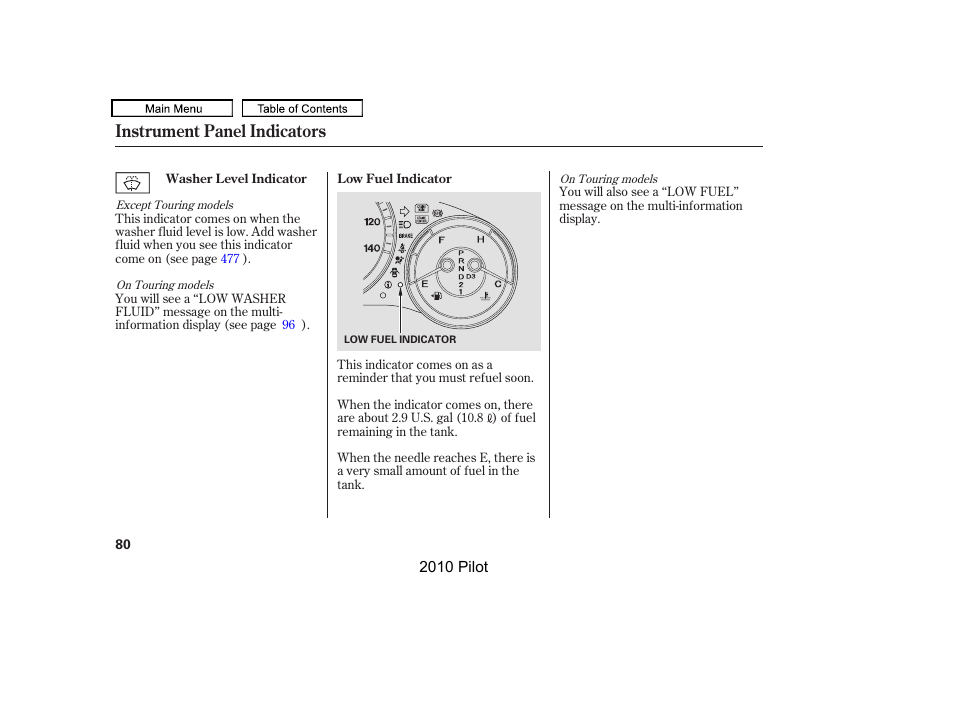 Instrument panel indicators | HONDA 2010 Pilot User Manual | Page 84 / 575