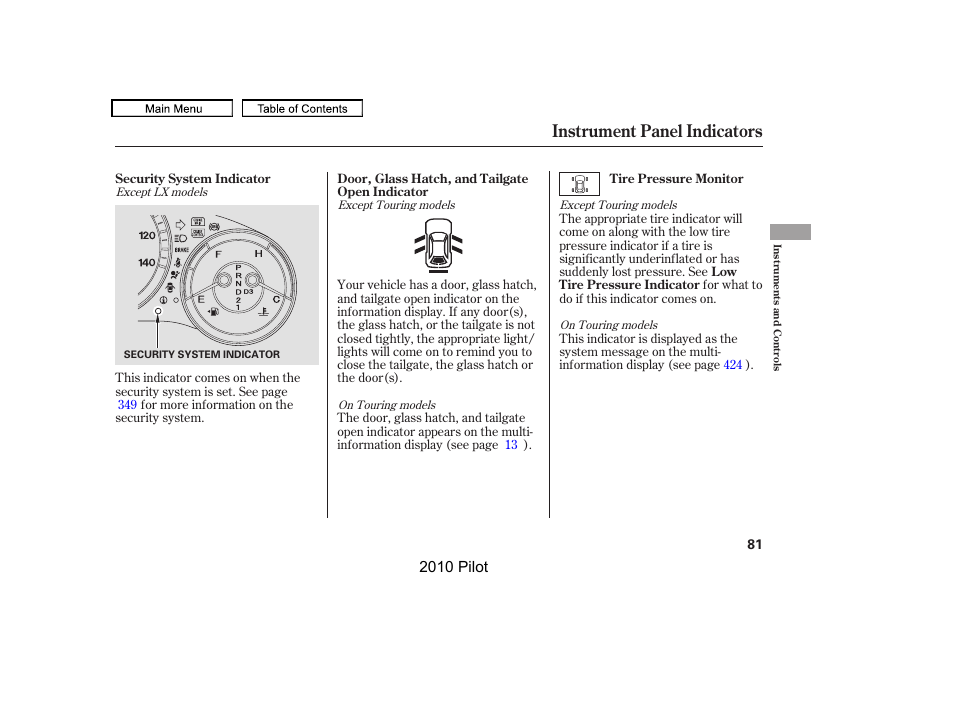 Instrument panel indicators, 2010 pilot | HONDA 2010 Pilot User Manual | Page 85 / 575