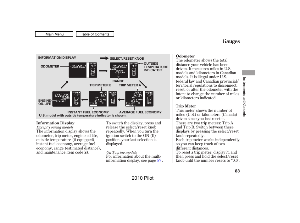 Gauges, 2010 pilot | HONDA 2010 Pilot User Manual | Page 87 / 575