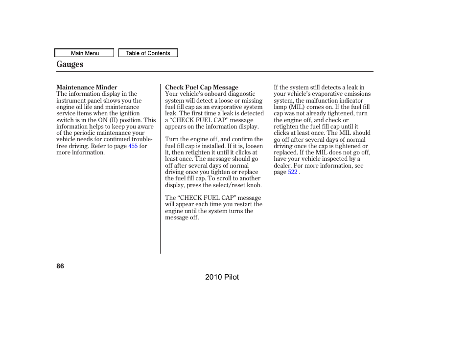 Gauges | HONDA 2010 Pilot User Manual | Page 90 / 575