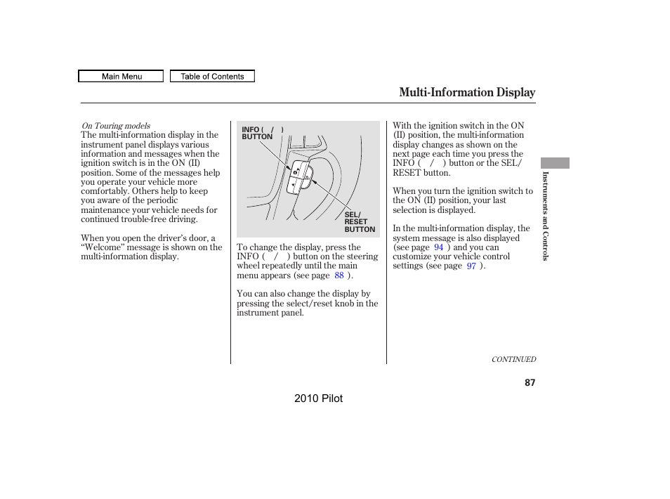 Multi-information display, 2010 pilot | HONDA 2010 Pilot User Manual | Page 91 / 575