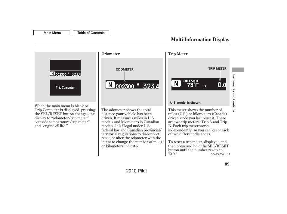 Multi-information display, 2010 pilot | HONDA 2010 Pilot User Manual | Page 93 / 575