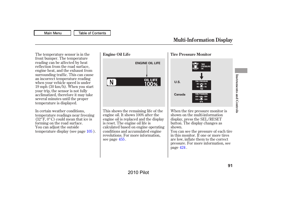 Multi-information display, 2010 pilot | HONDA 2010 Pilot User Manual | Page 95 / 575