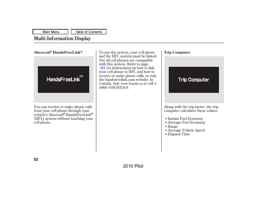 Multi-information display | HONDA 2010 Pilot User Manual | Page 96 / 575