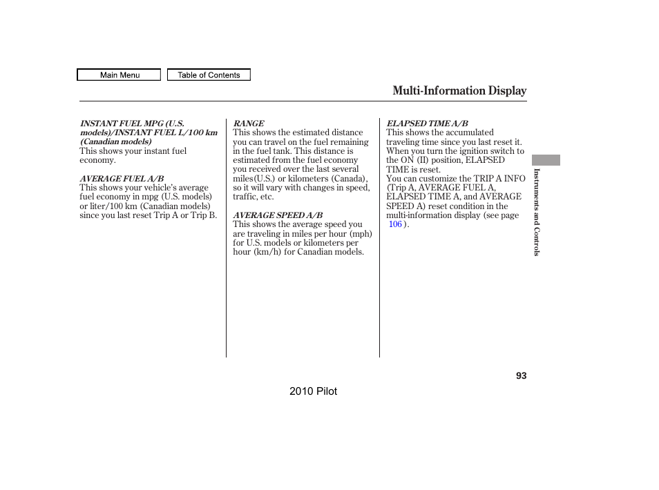 Multi-information display, 2010 pilot | HONDA 2010 Pilot User Manual | Page 97 / 575