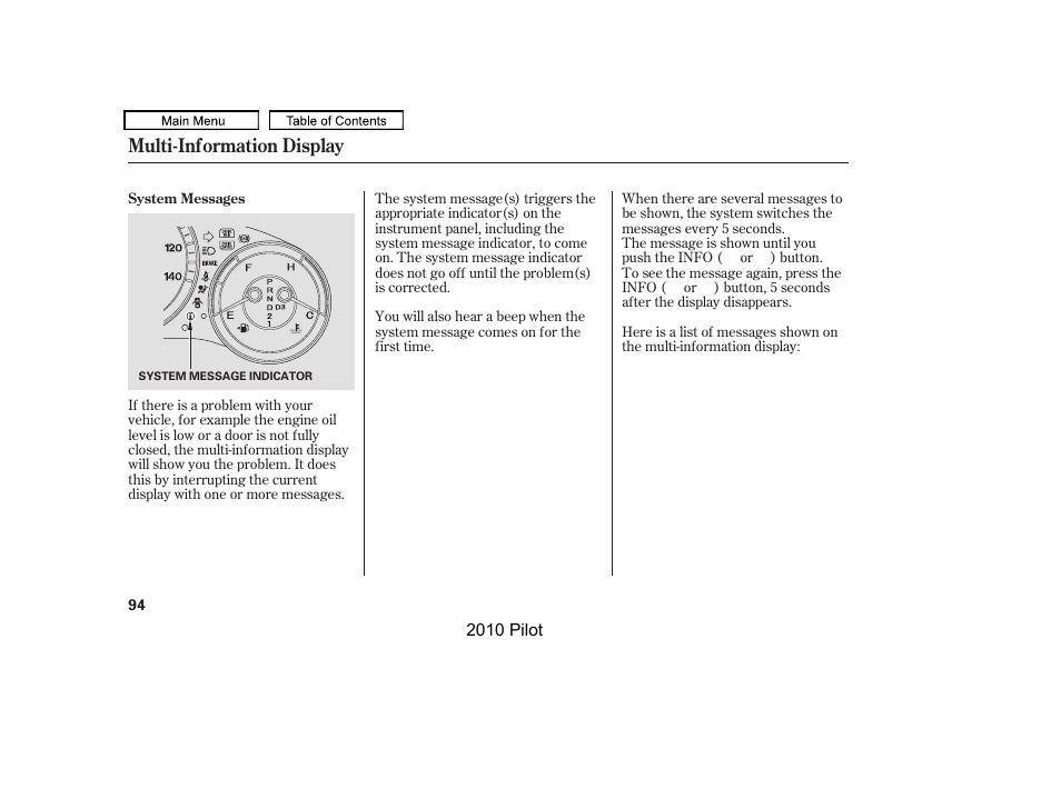 Multi-information display | HONDA 2010 Pilot User Manual | Page 98 / 575