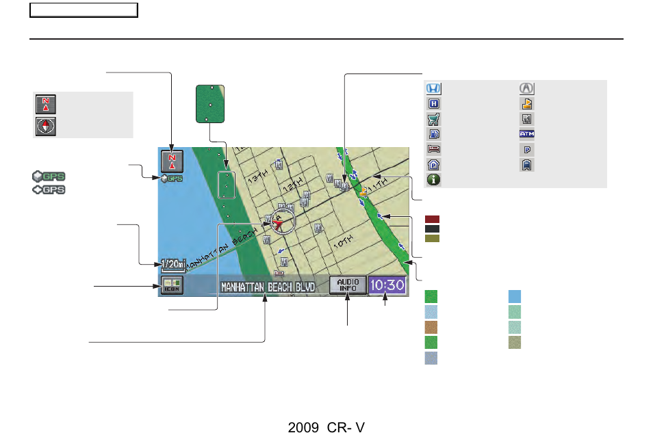 Getting started, 2009 cr- v, Map screen legend | HONDA 2009 CR-V Navigation User Manual | Page 18 / 151
