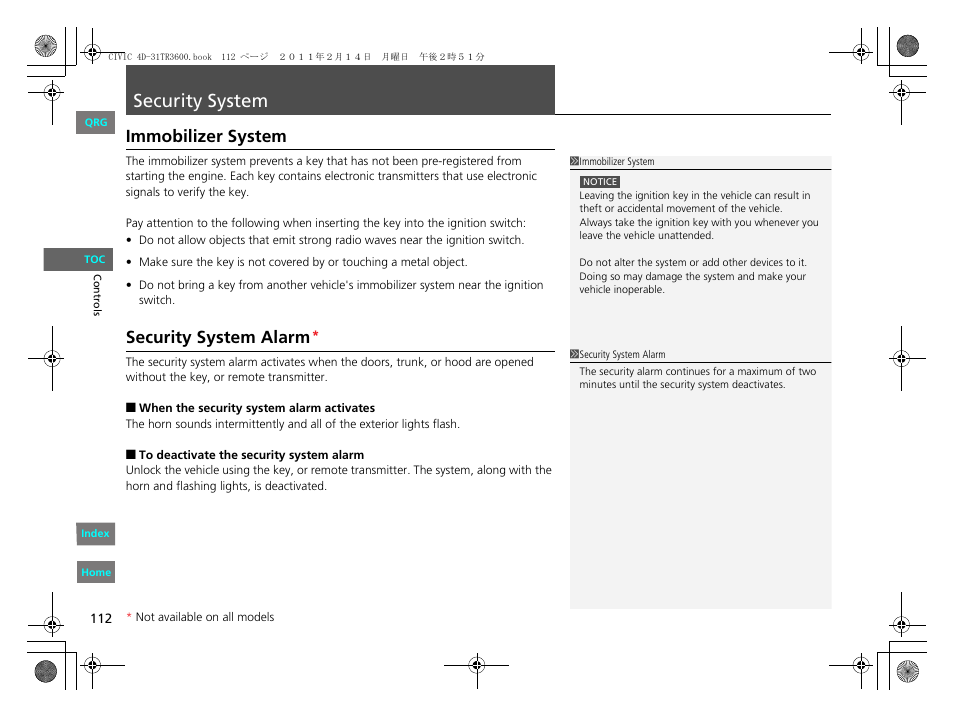 P. 112, Security, System | Security system, Immobilizer system, Security system alarm | HONDA 2012 Civic Sedan User Manual | Page 113 / 345