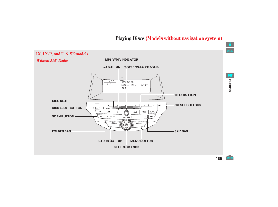 Playing discs (models without navigation system), 2012 accord sedan | HONDA 2012 Accord Sedan User Manual | Page 158 / 446