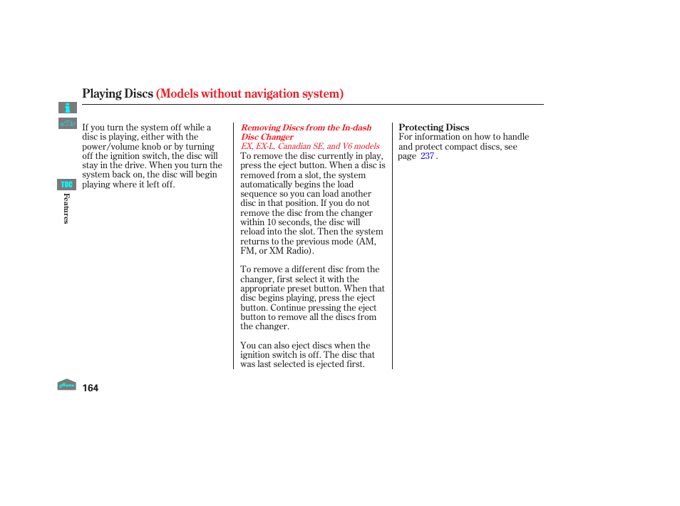 Playing discs (models without navigation system) | HONDA 2012 Accord Sedan User Manual | Page 167 / 446