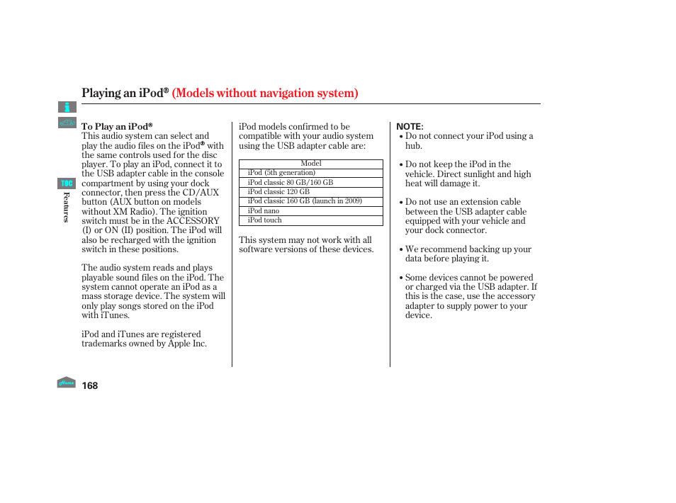 Playing an ipod (models without navigation system) | HONDA 2012 Accord Sedan User Manual | Page 171 / 446