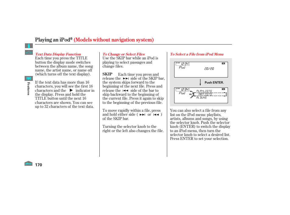 Playing an ipod (models without navigation system) | HONDA 2012 Accord Sedan User Manual | Page 173 / 446