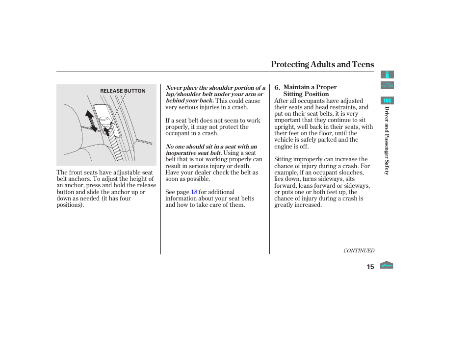 Protecting adults and teens | HONDA 2012 Accord Sedan User Manual | Page 18 / 446