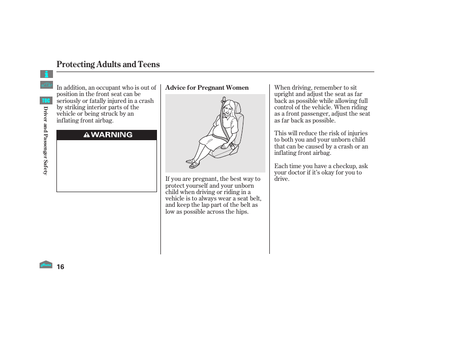 Protecting adults and teens | HONDA 2012 Accord Sedan User Manual | Page 19 / 446