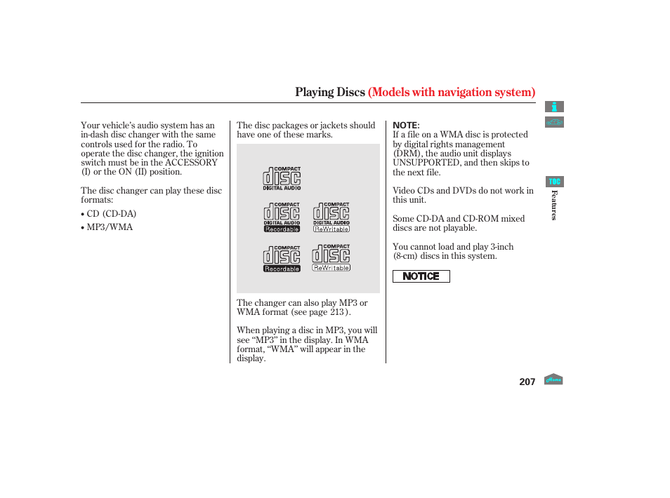 Playing discs (models with navigation system) | HONDA 2012 Accord Sedan User Manual | Page 210 / 446