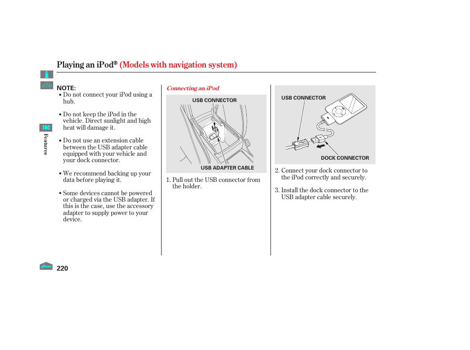Playing an ipod (models with navigation system) | HONDA 2012 Accord Sedan User Manual | Page 223 / 446