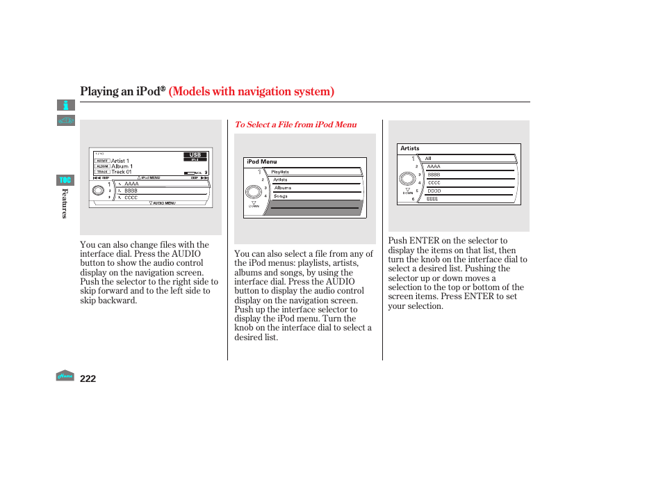 Playing an ipod (models with navigation system) | HONDA 2012 Accord Sedan User Manual | Page 225 / 446