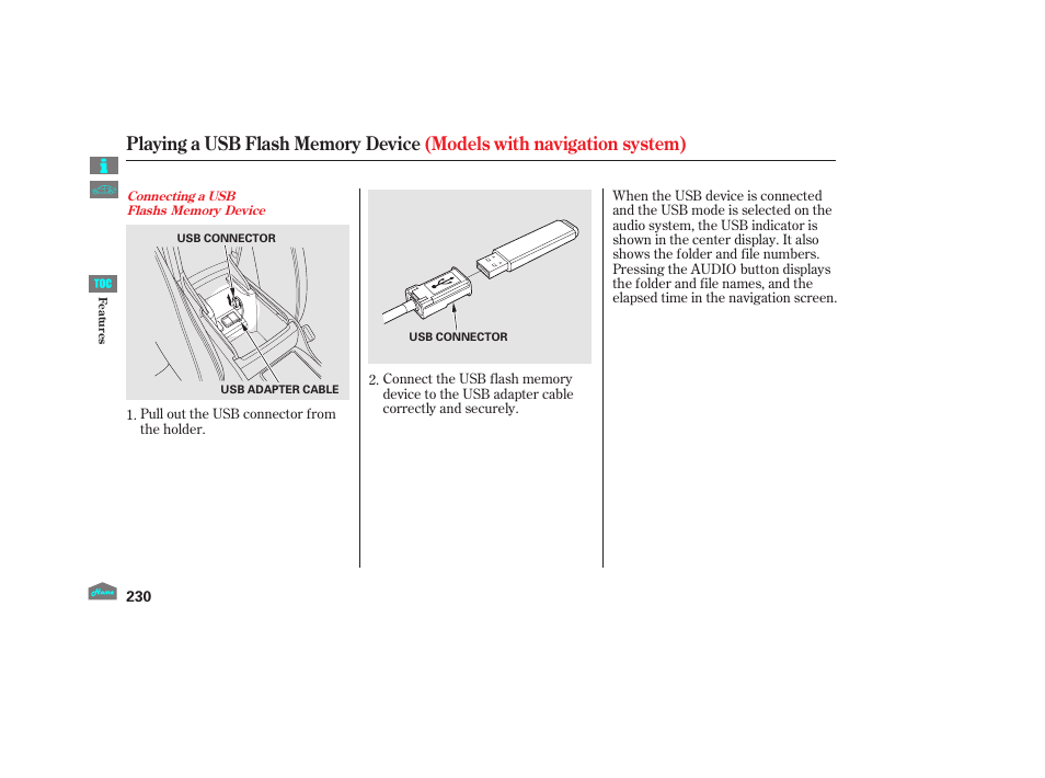 Usb adapter cable | HONDA 2012 Accord Sedan User Manual | Page 233 / 446