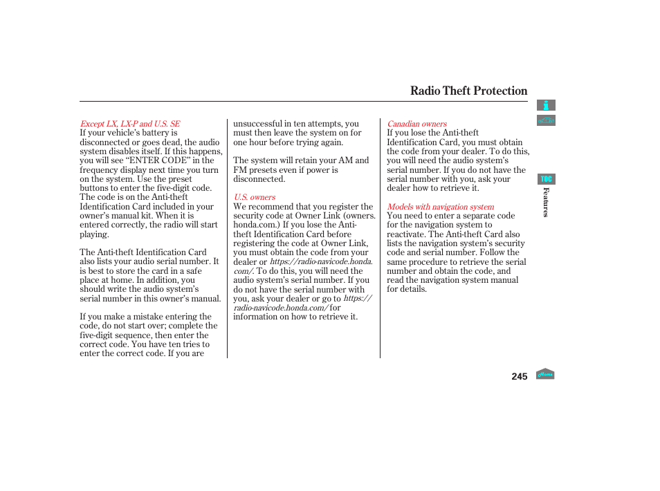 Radio theft protection | HONDA 2012 Accord Sedan User Manual | Page 248 / 446