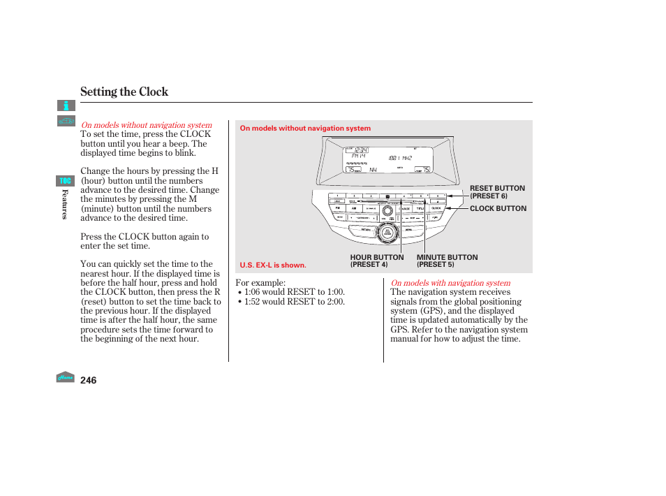 Setting the clock, P.246), 2012 accord sedan | HONDA 2012 Accord Sedan User Manual | Page 249 / 446