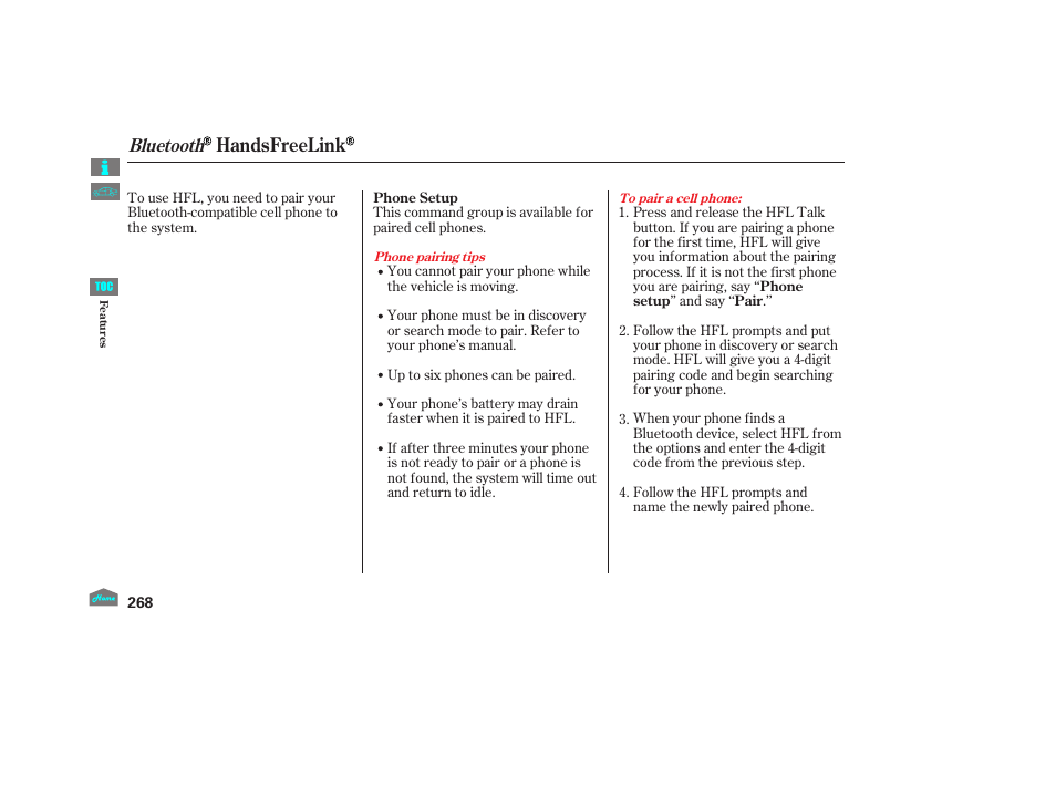 Handsfreelink, Bluetooth | HONDA 2012 Accord Sedan User Manual | Page 271 / 446